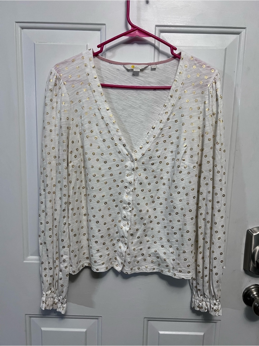 Boden Gold Metallic Spot Cotton Blouse Top Size 10 Ivory White Button Front